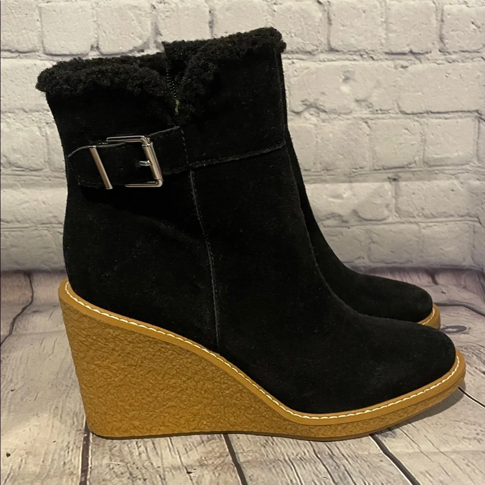 Franco Sarto Black Suede Sherpa lined Wedge Boots Sz 10M